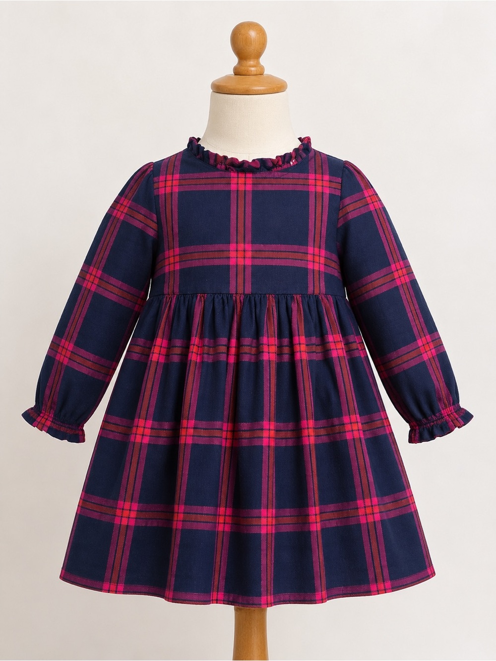 Jacadi Paris 12M Navy Red Plaid Cotton Long Sleeve Dress EUC